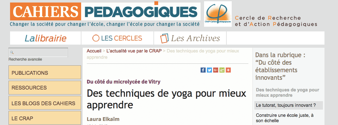 Dans Les cahiers pédagogiques : “Des techniques de yoga pour mieux apprendre”